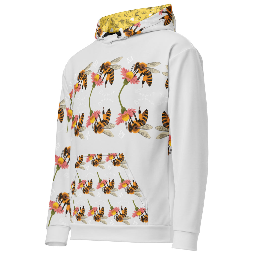 White unisex hoodie with all-over sun and honeybee print, featuring a hood and Daemon Luxury branding.