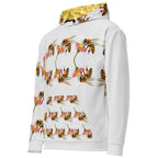 White unisex hoodie with all-over sun and honeybee print, featuring a hood and Daemon Luxury branding.