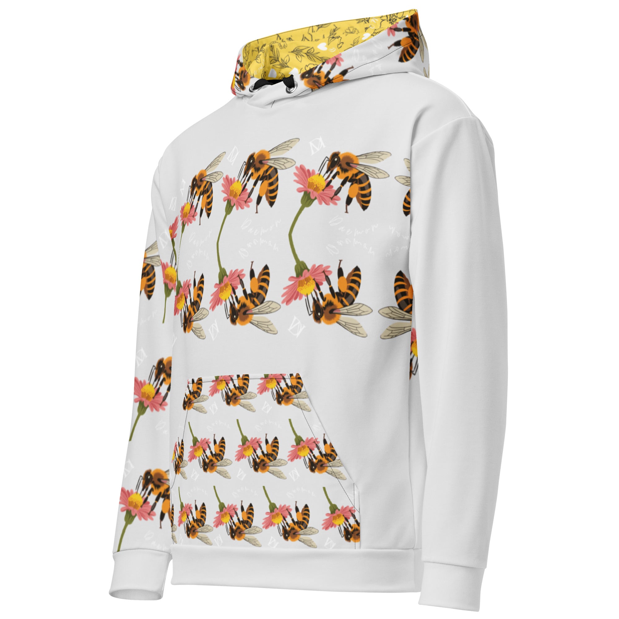 White unisex hoodie with all-over sun and honeybee print, featuring a hood and Daemon Luxury branding.