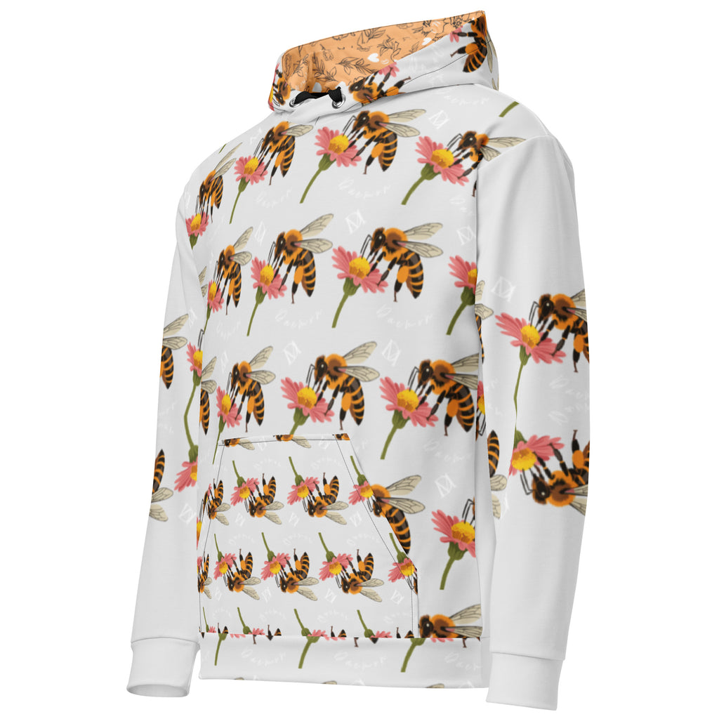 Unisex white recycled hoodie with all-over honeybee shores dusk print by Daemon Luxury, featuring a hood and ribbed cuffs.