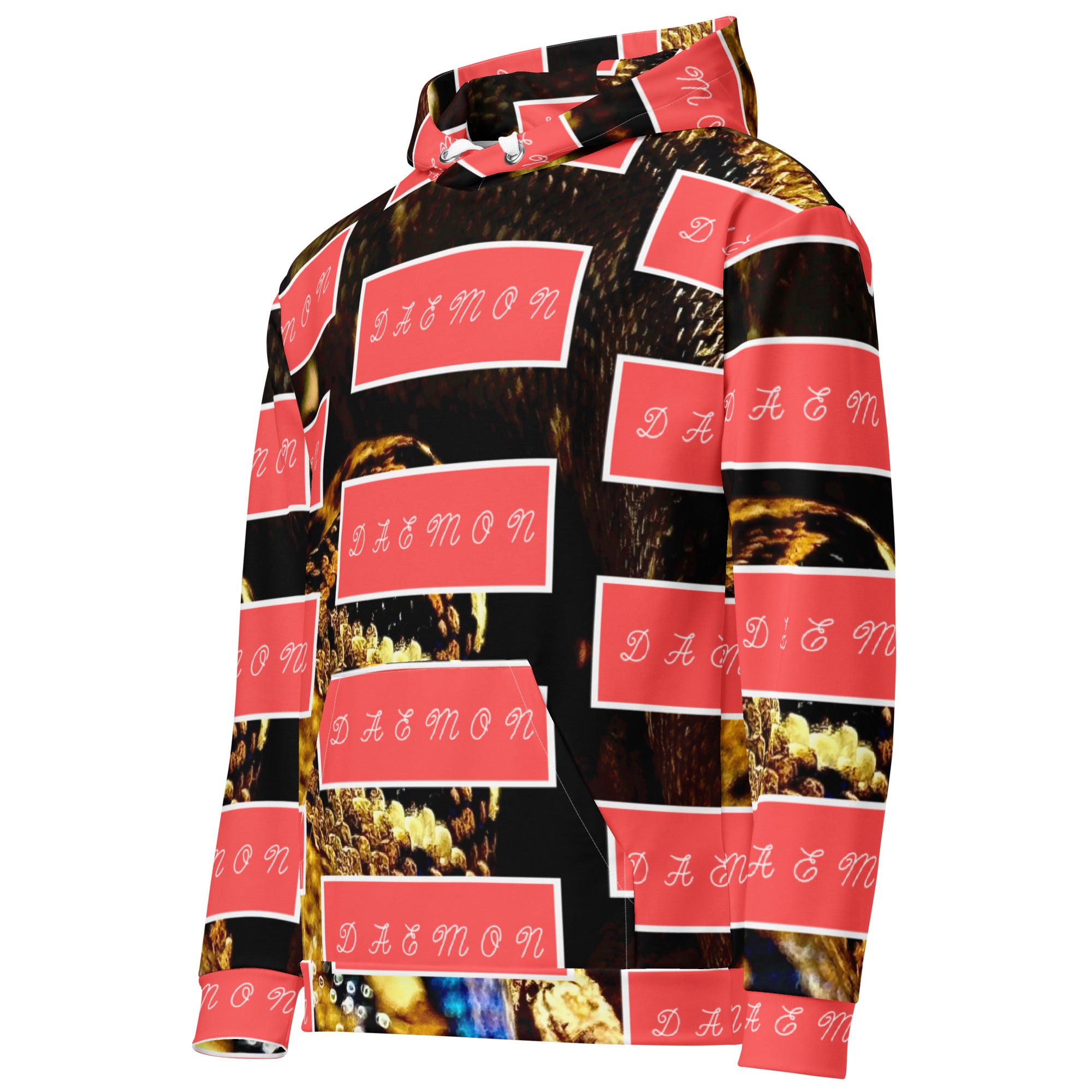 Daemon Luxury Serpentine Nicaragua .4 recycled unisex hoodie with all-over print, white fabric, and front pocket.