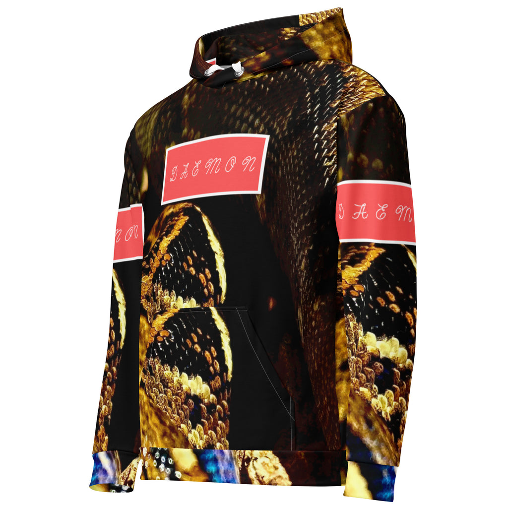 Daemon Luxury Serpentine Nicaragua .3 unisex hoodie with all-over white print and hood, made from recycled materials.