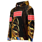 Daemon Luxury Serpentine Nicaragua .3 unisex hoodie with all-over white print and hood, made from recycled materials.