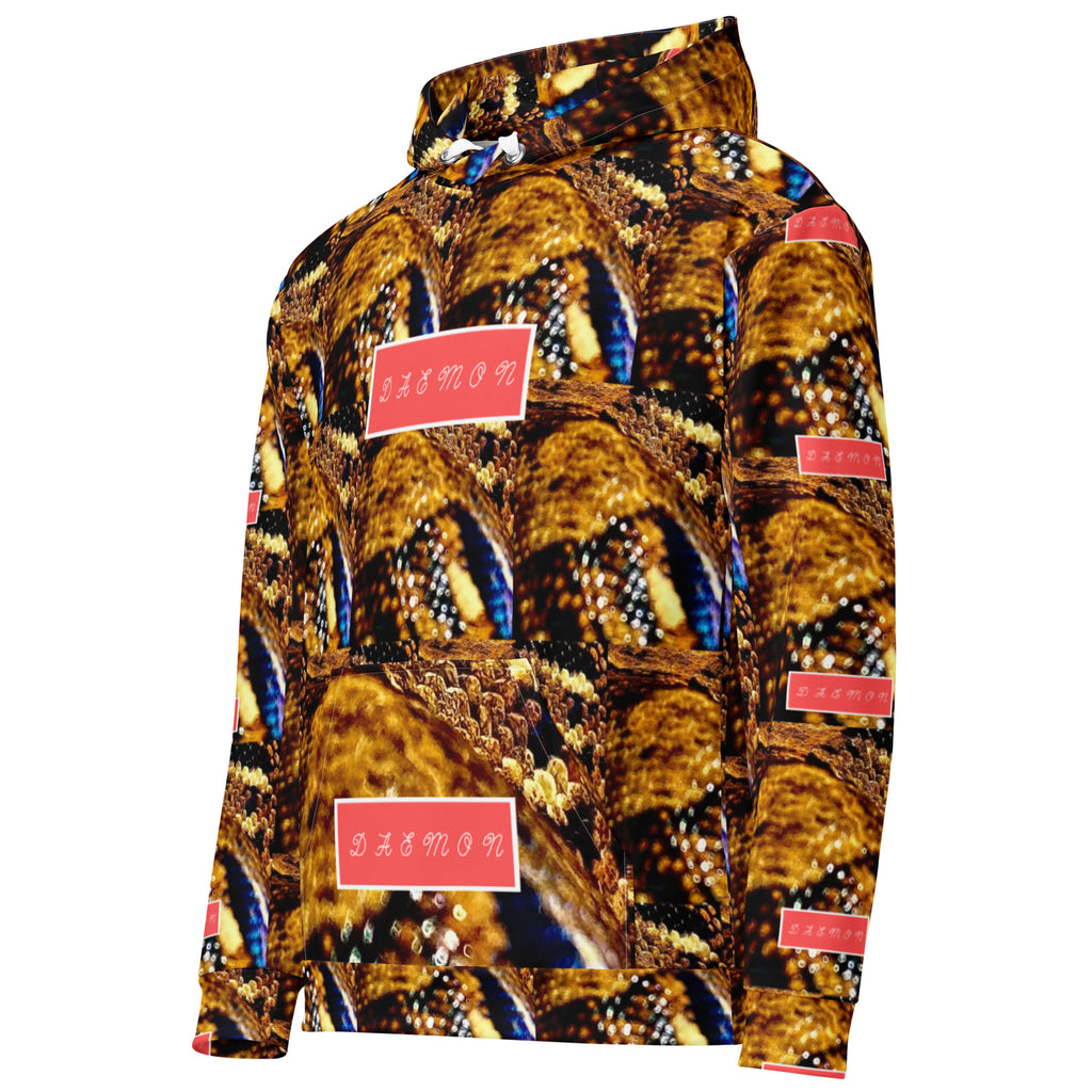 Recycled white unisex hoodie with all-over serpentine Nicaragua print by Daemon Luxury, featuring front pocket and hood.