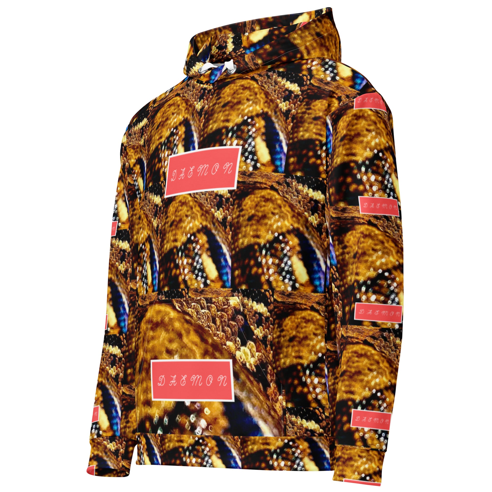 Recycled white unisex hoodie with all-over serpentine Nicaragua print by Daemon Luxury, featuring front pocket and hood.