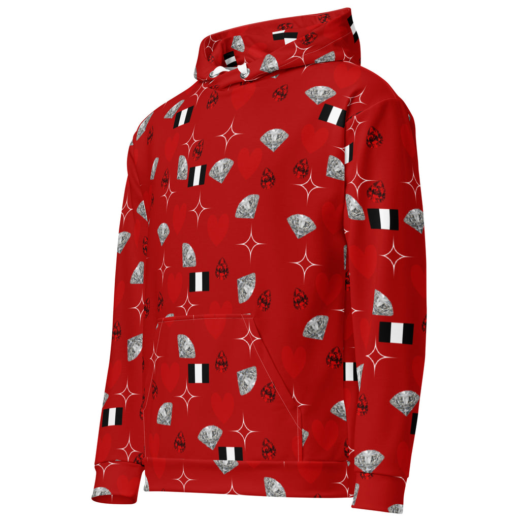 White Daemon Luxury Foreigners Luv La Flame Dim unisex hoodie with all-over print and recycled fabric, front view.