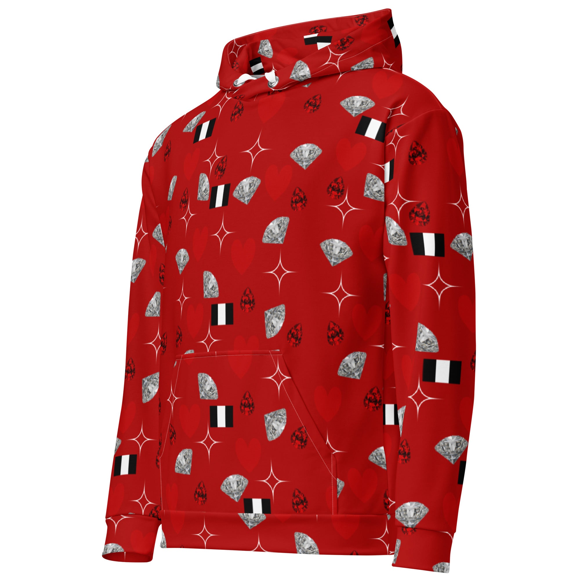 White Daemon Luxury Foreigners Luv La Flame Dim unisex hoodie with all-over print and recycled fabric, front view.