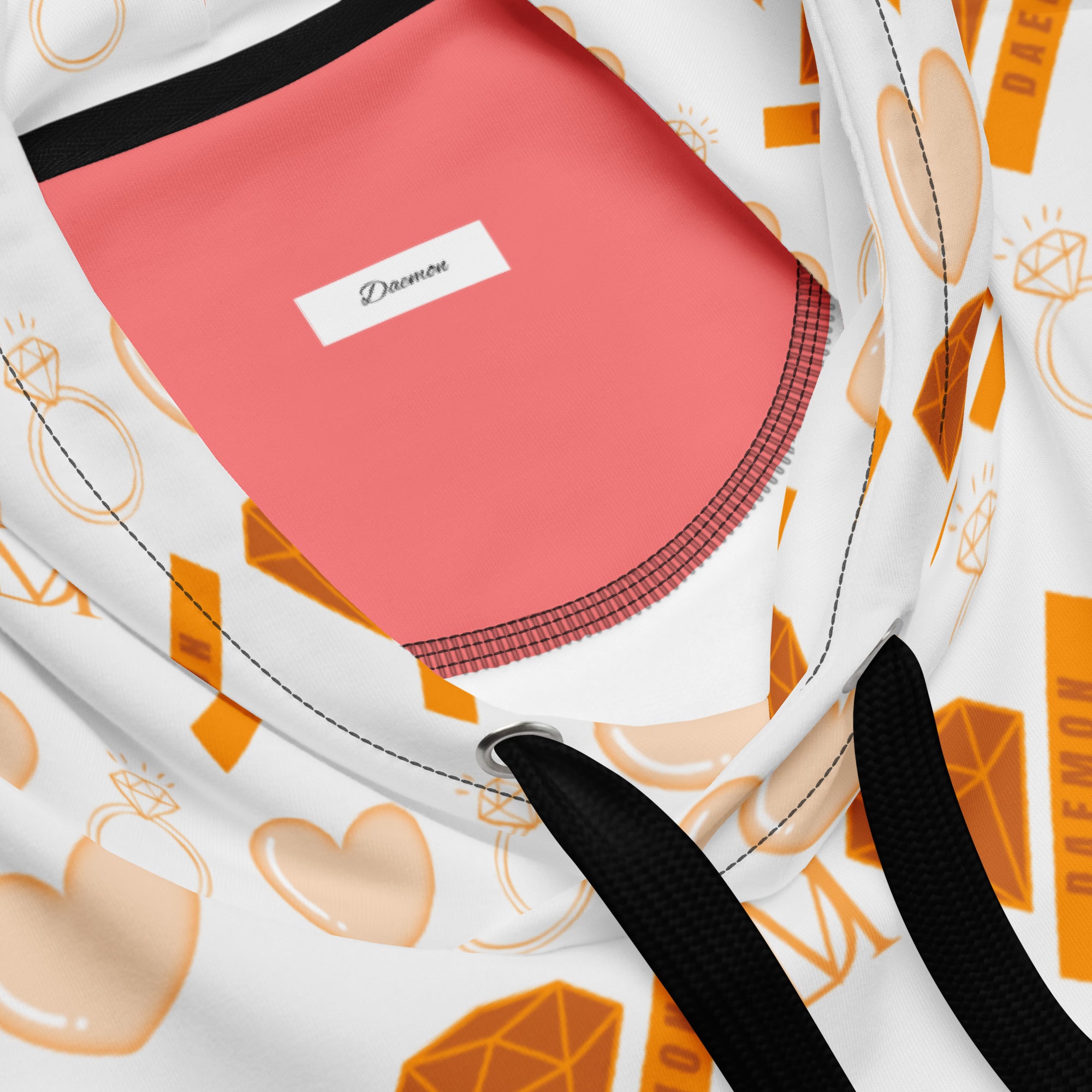 All-over-print white Daemon Gloomy Runner Lunar Mari unisex hoodie with moon-themed design and eco-friendly recycled fabric.