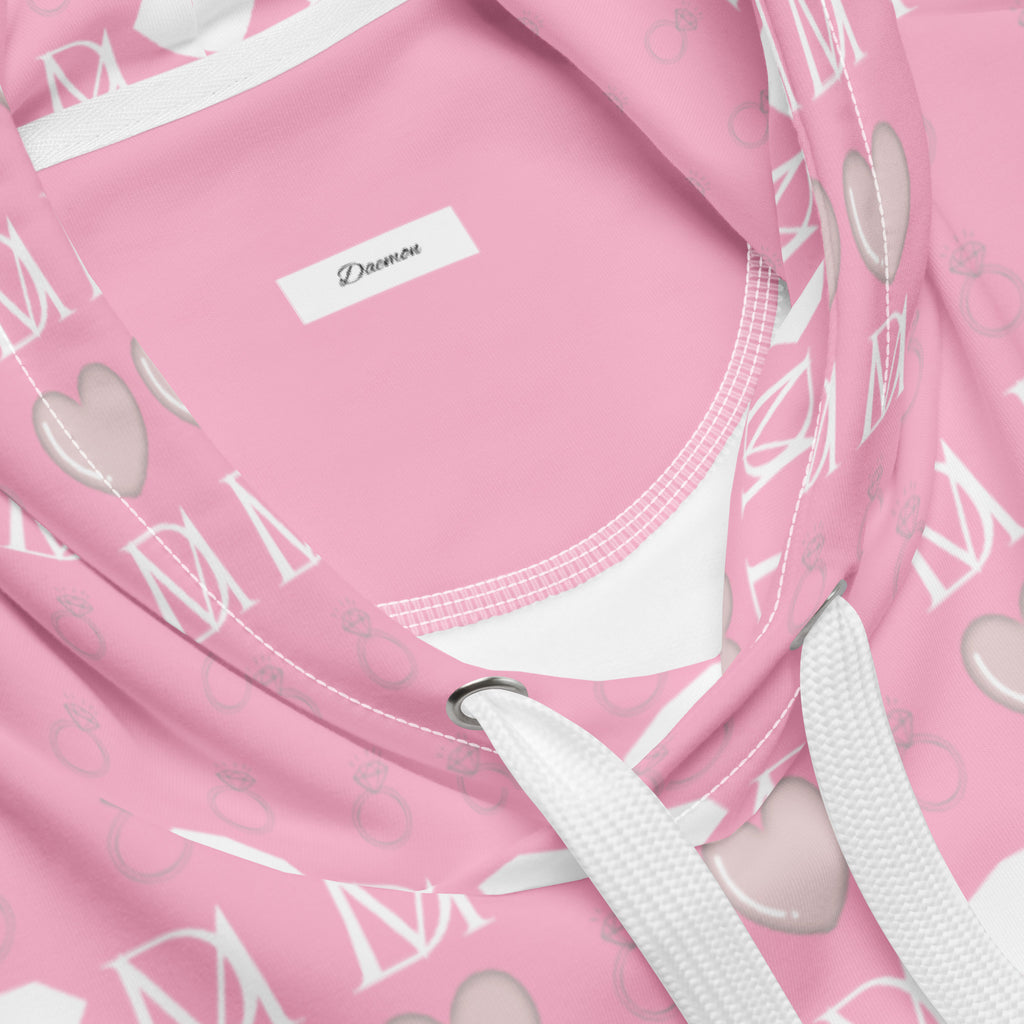 Unisex white hoodie with all-over frosted diamond and cotton candy cinzel print by Daemon, featuring a front pocket and drawstring hood.