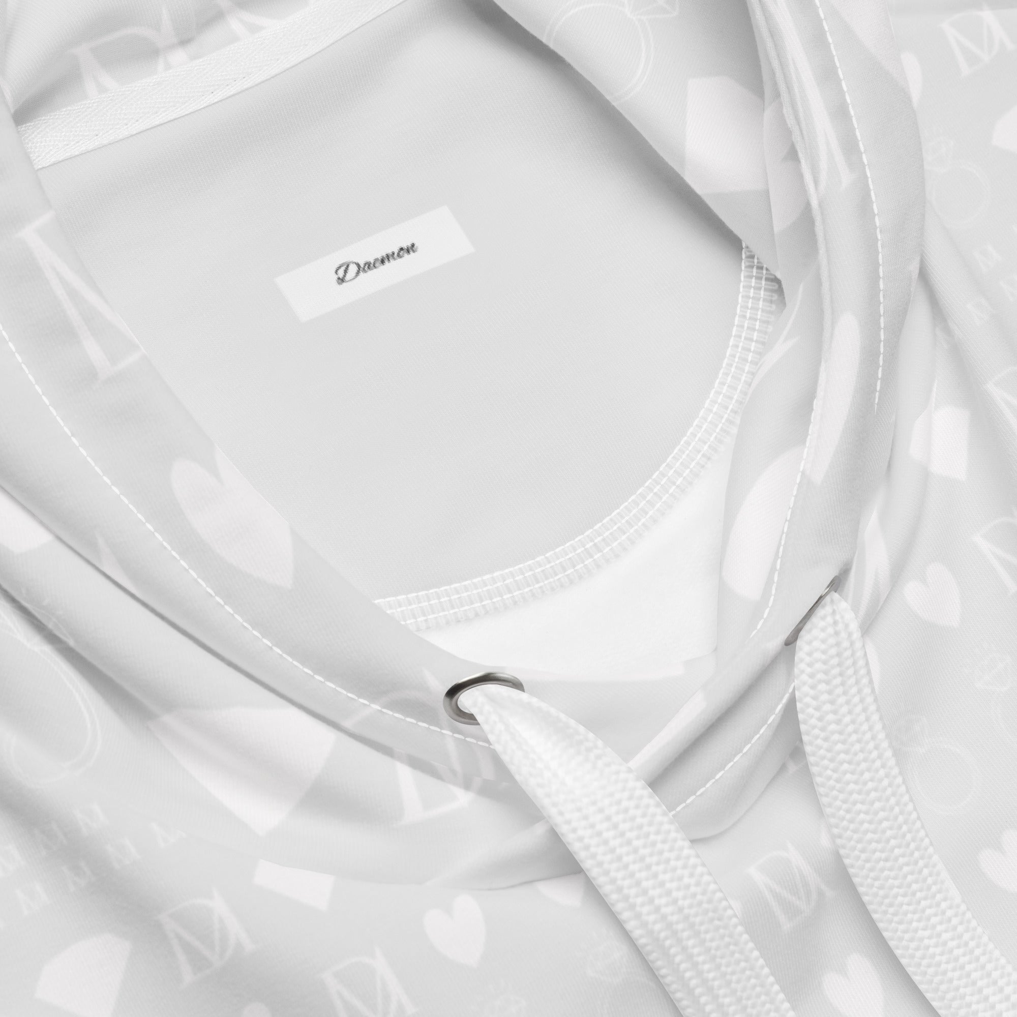 Recycled white unisex hoodie with all-over frosted diamond Artica print by Daemon, featuring a hood and casual fit.