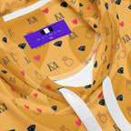 Recycled white unisex hoodie with all-over Foreigners Romance print by Daemon Luxury, featuring a cozy hood and vibrant design.