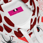 Recycled white unisex hoodie with all-over embossed red hearts pattern, featuring a cozy hood and casual fit by Daemon Luxury.