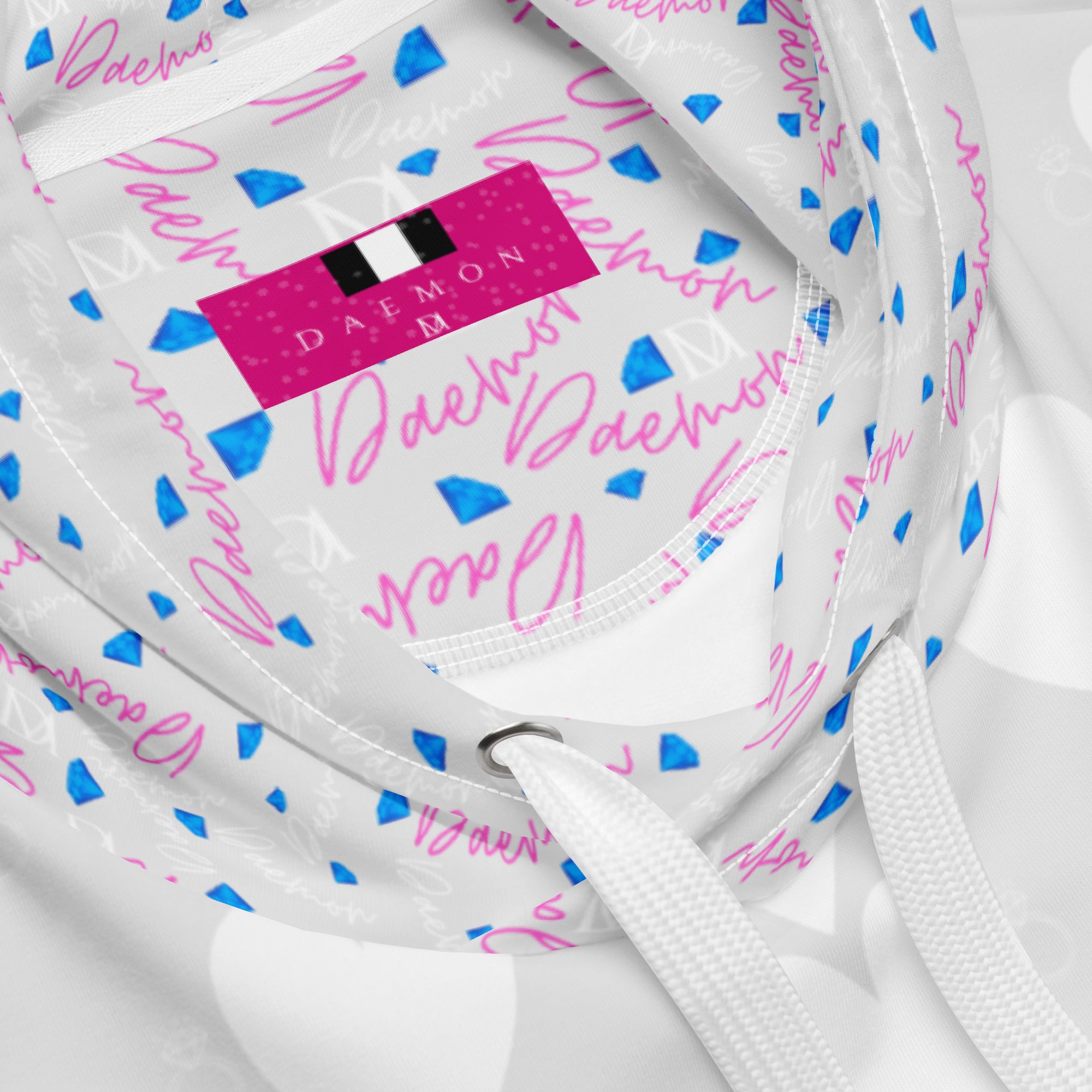 Recycled white unisex hoodie featuring all-over print of frosted heart Picasso mirrors by Daemon Luxury.