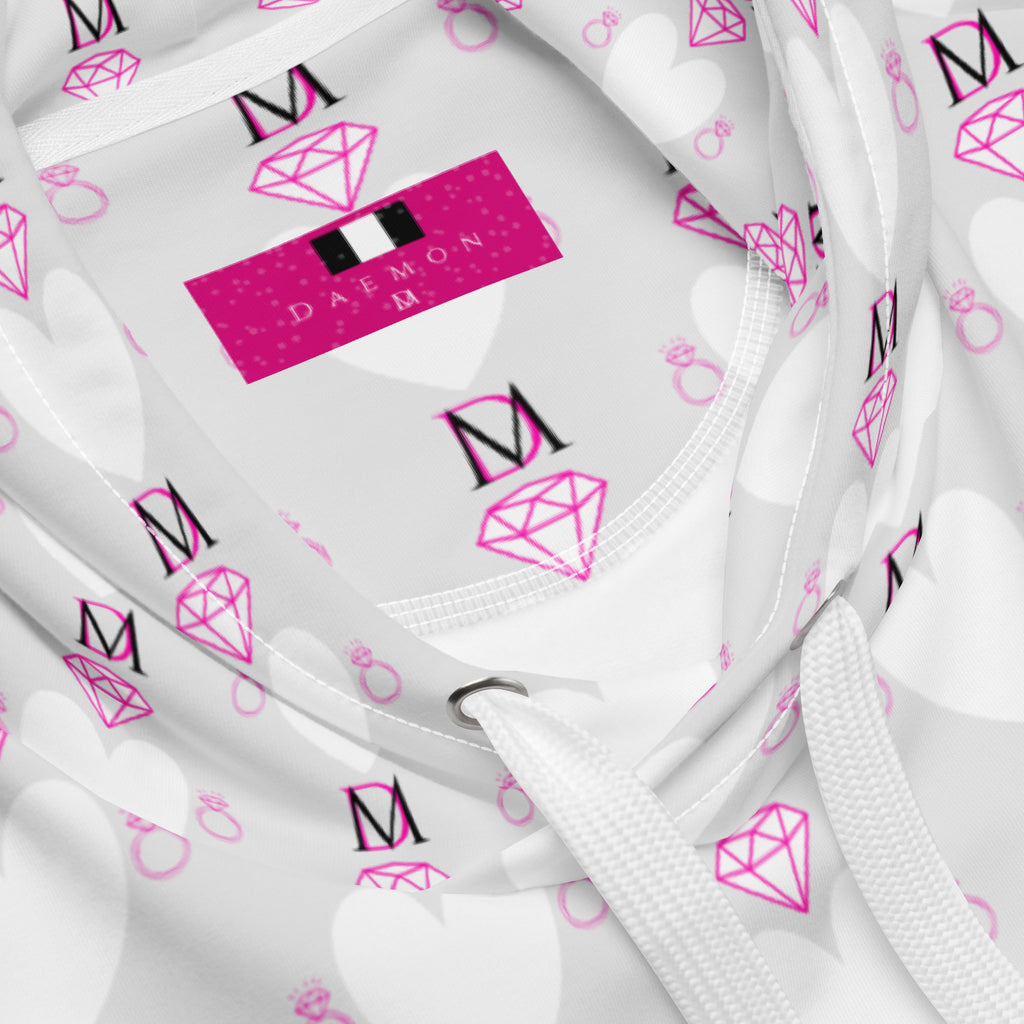 Recycled white unisex hoodie with all-over frosted hearts Arctic Spade art print by Daemon Luxury.