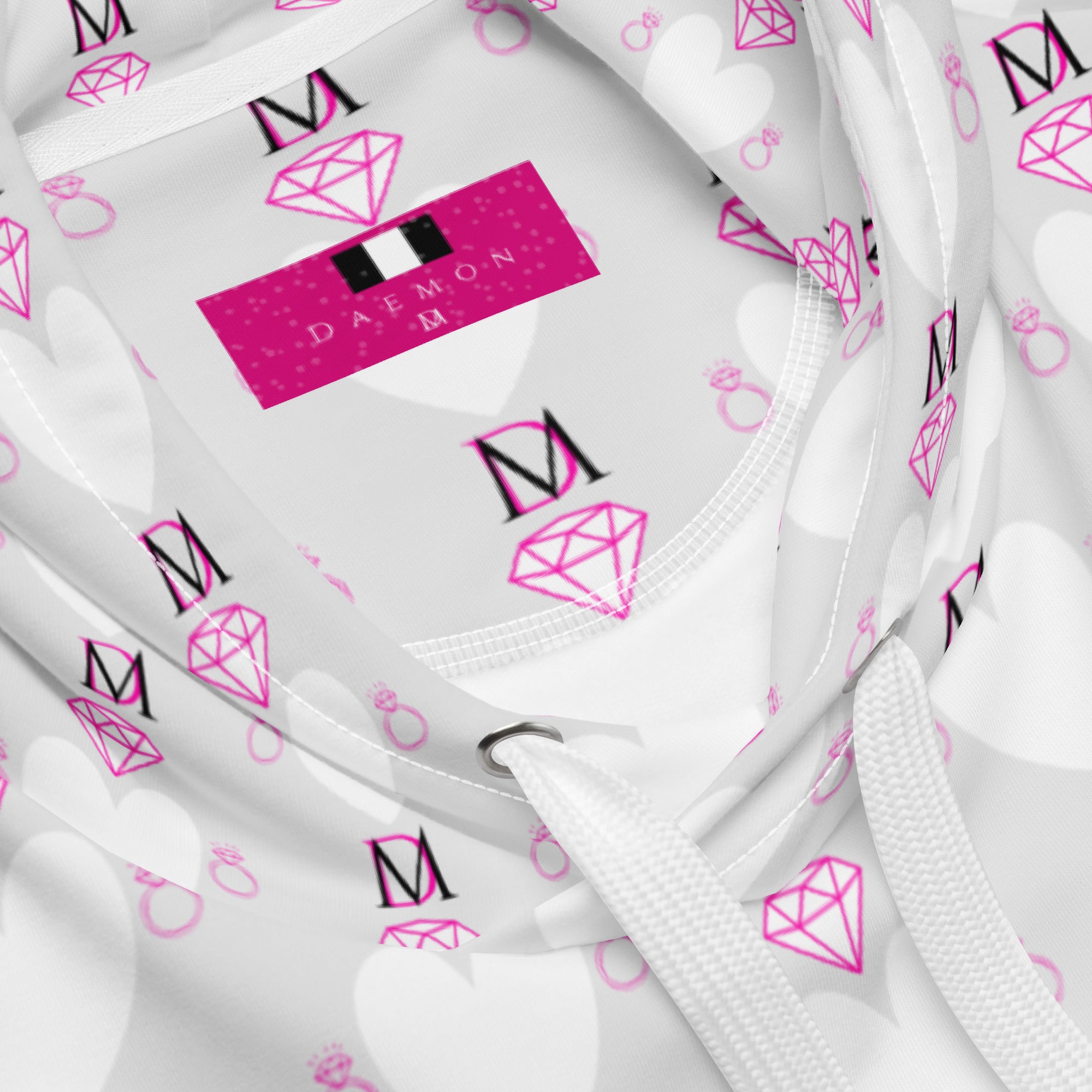 Recycled white unisex hoodie with all-over frosted hearts Arctic Spade art print by Daemon Luxury.