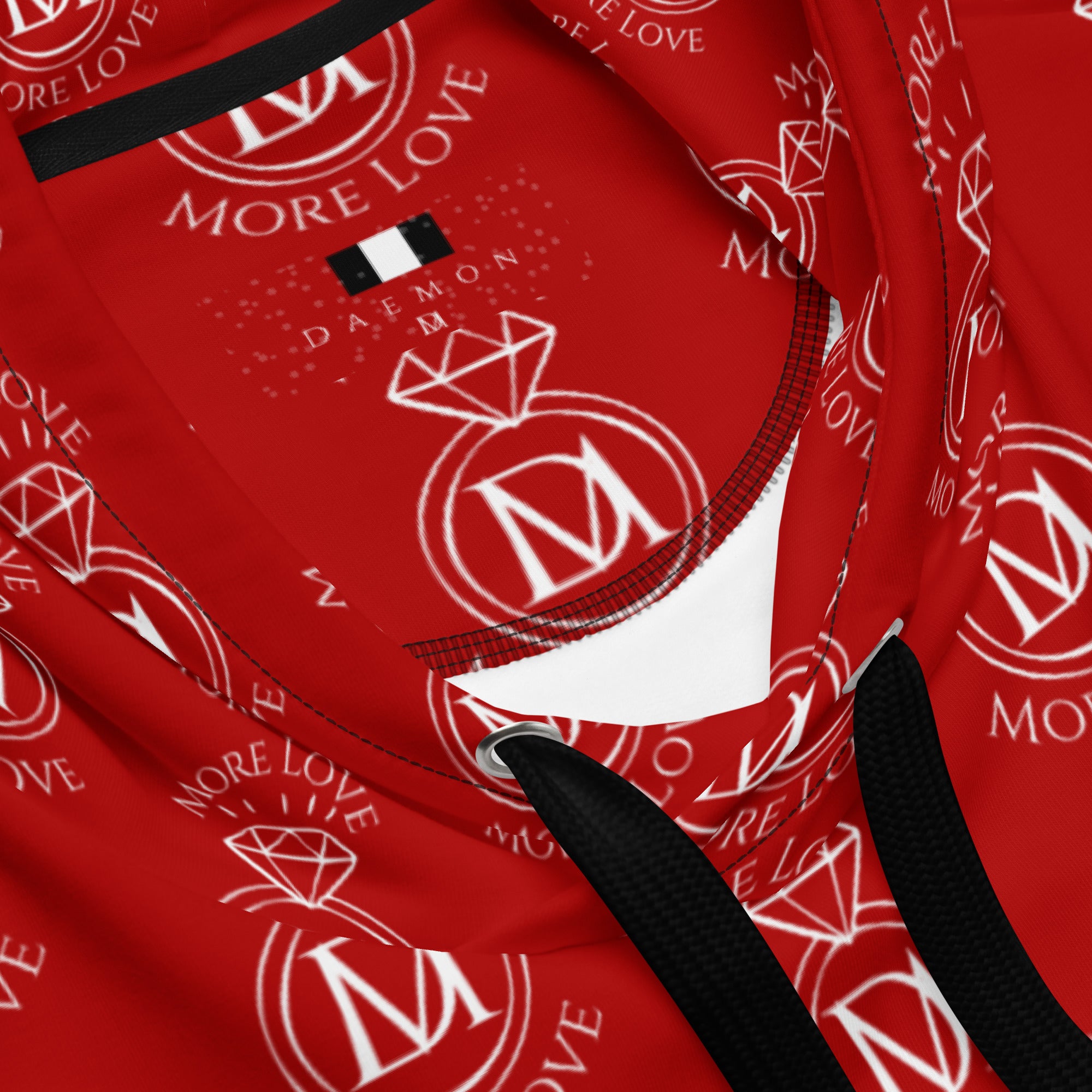 Daemon Luxury SUPREME MODELS Initial Ringers unisex hoodie with all-over recycled print on white fabric.