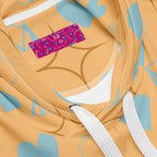 Recycled white unisex hoodie with Honeyberry Lights and Felpa Cappucio print from Daemon Luxury, showing all-over colorful design.
