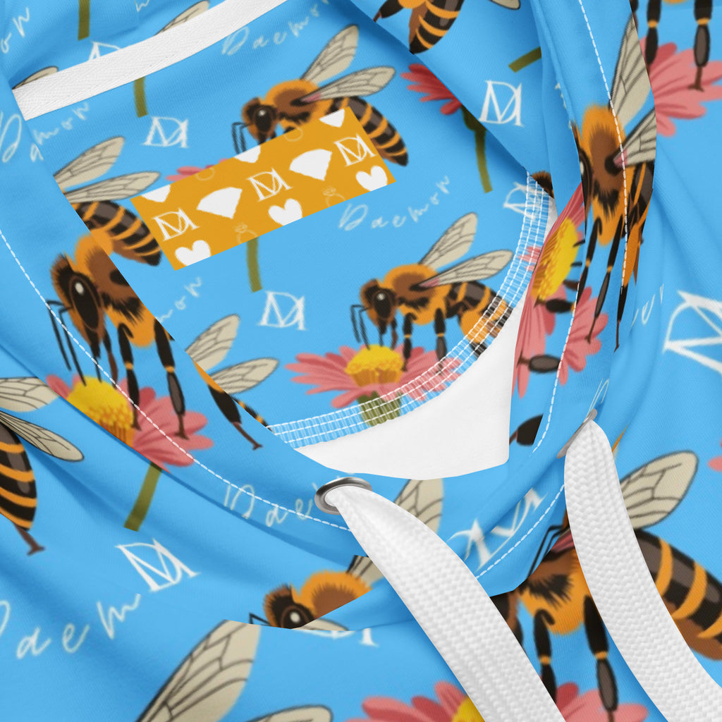 Unisex white hoodie with all-over print of Honeybee Shores Pacifica Fever design by Daemon Luxury, featuring a cozy hood and casual style.
