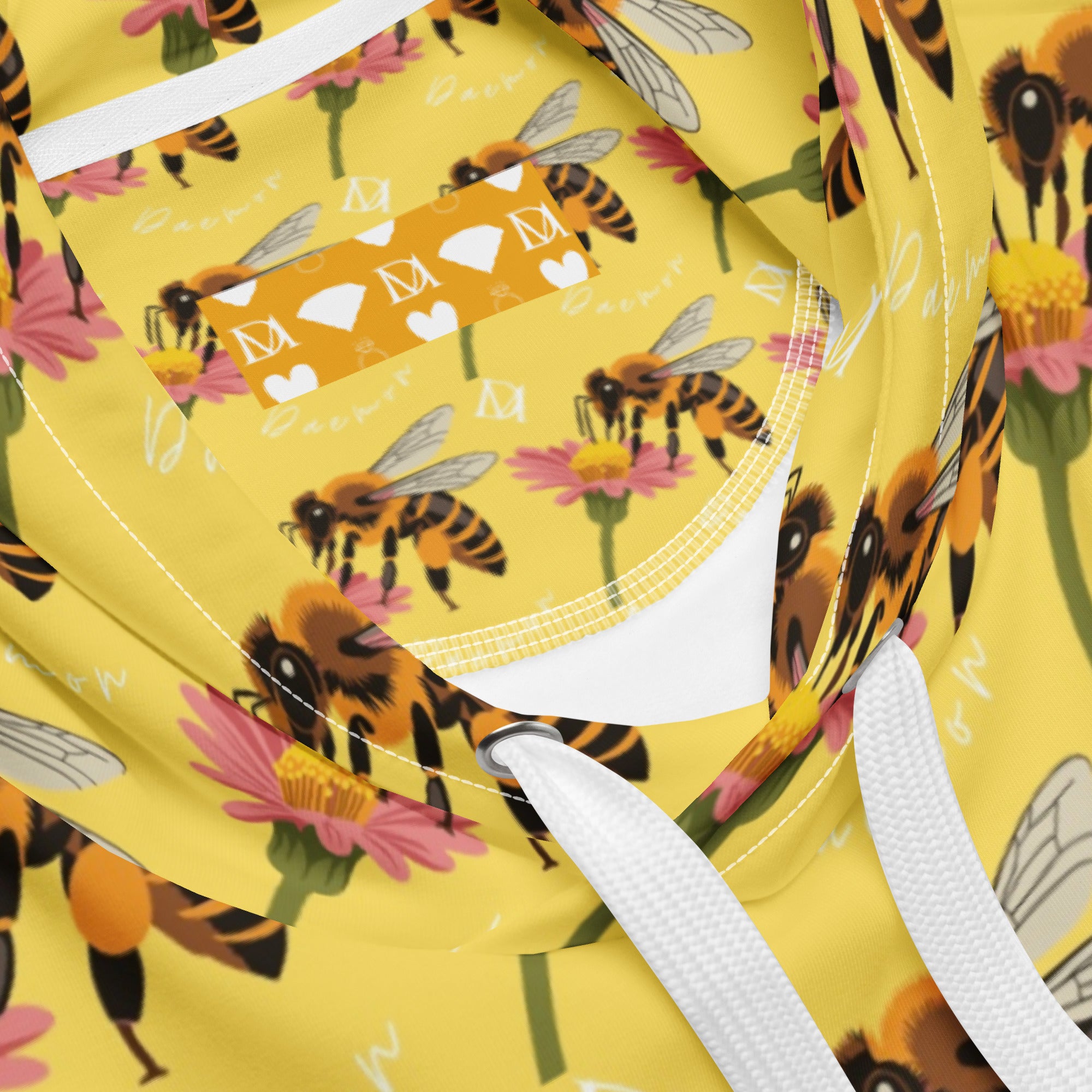 Unisex white recycled hoodie with all-over honeybee shores star print by Daemon Luxury, featuring a cozy hood and casual style.
