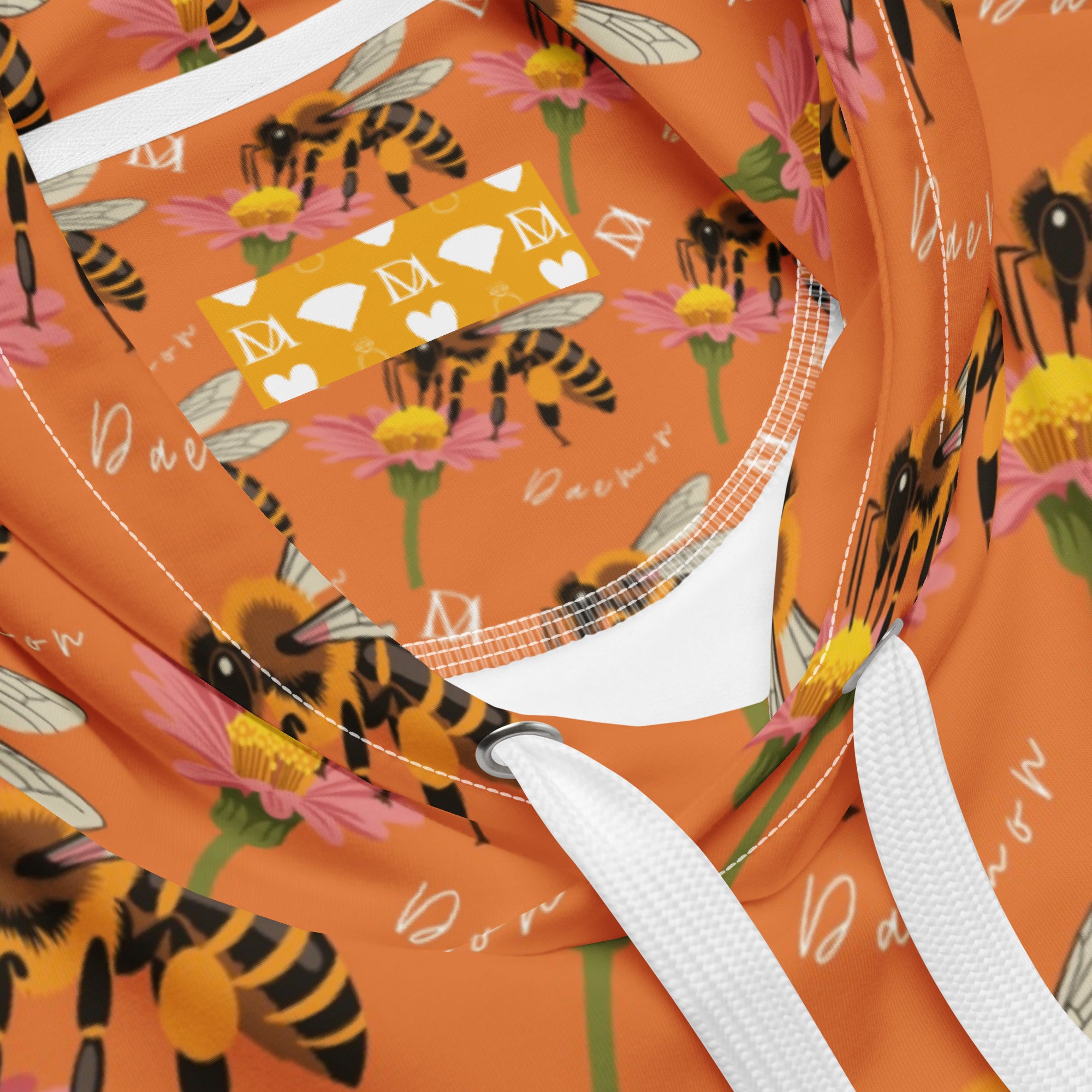 Unisex white hoodie with Honeybee Shores Golden Hour all-over print by Daemon Luxury, featuring vibrant, nature-inspired design.