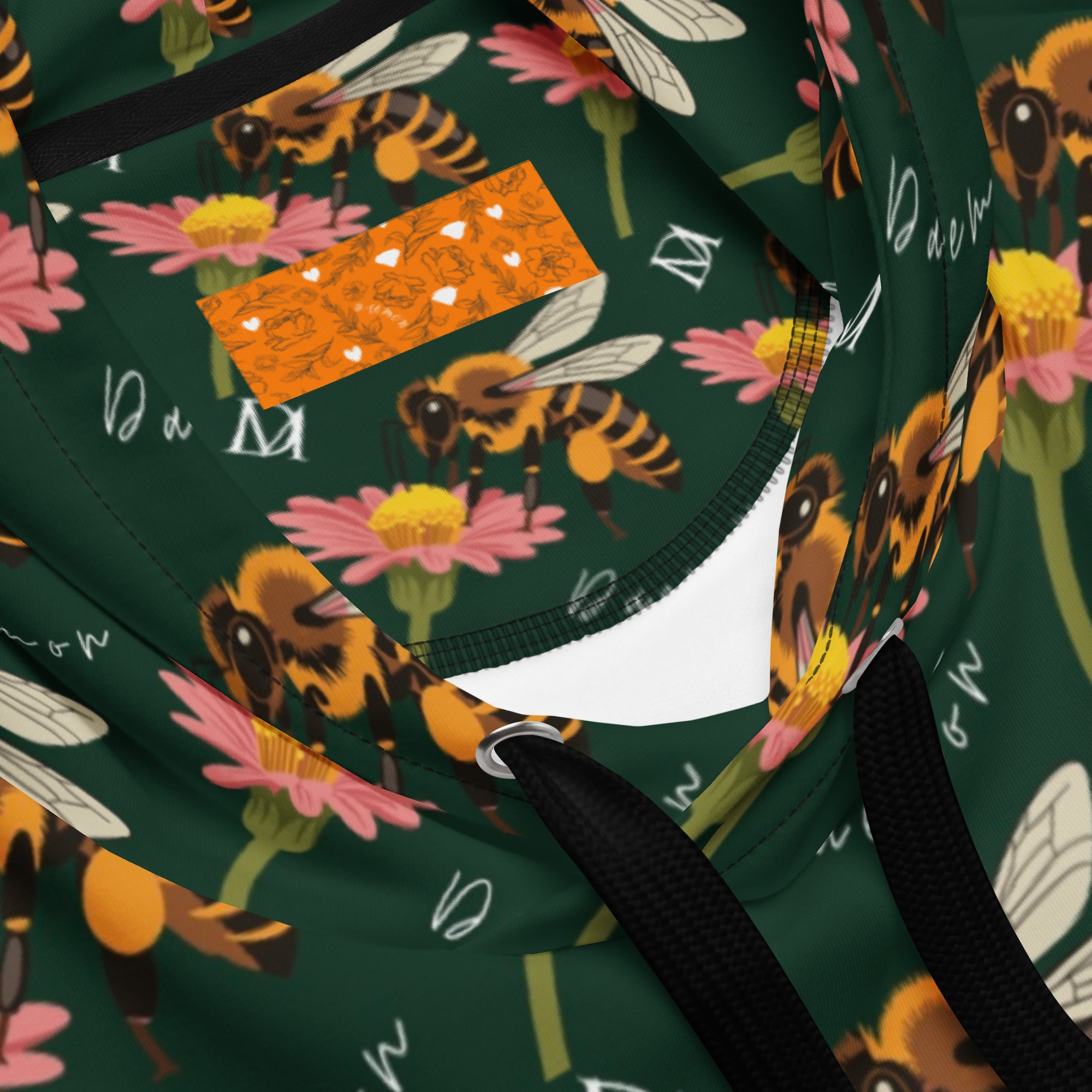 Recycled white unisex hoodie with Honeybee Shores Gardena Dim all-over print by Daemon Luxury, featuring a hood and front pockets.