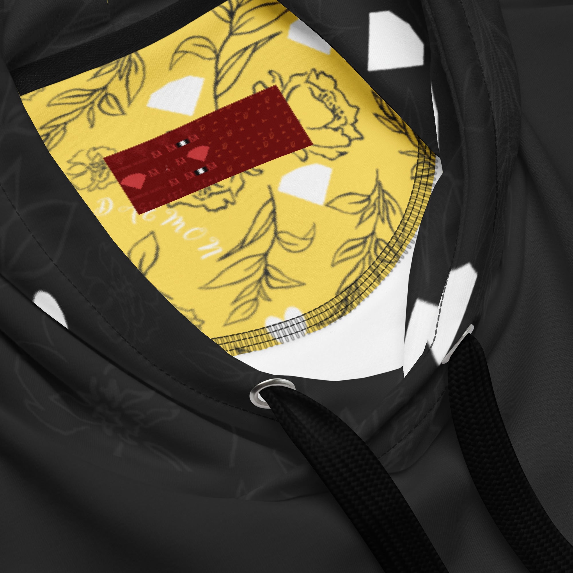 Daemon Luxury Florette Rebirth Honeybee Nights unisex hoodie with all-over white recycled print and cozy hood.