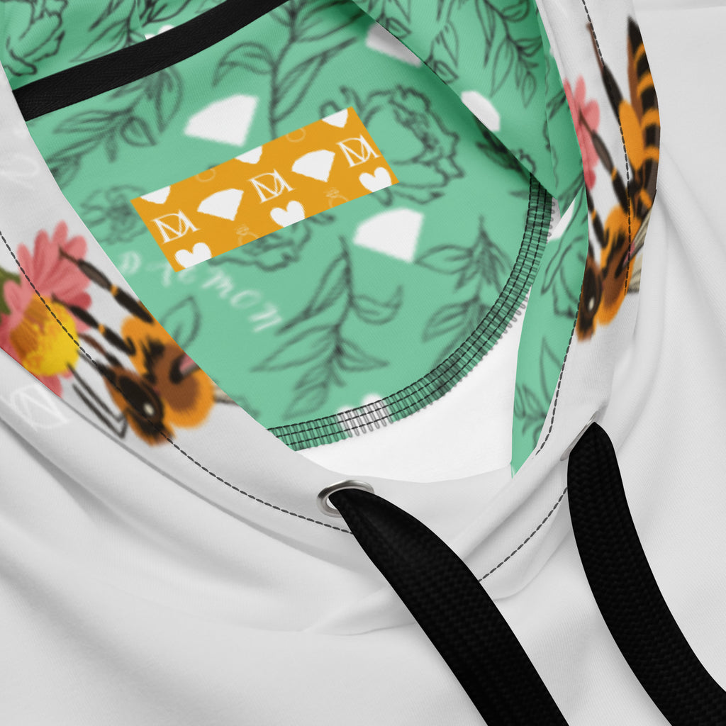 Recycled white unisex hoodie with all-over Honeybee Shores Valley Coast print by Daemon Luxury.