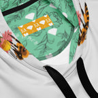 Recycled white unisex hoodie with all-over Honeybee Shores Valley Coast print by Daemon Luxury.
