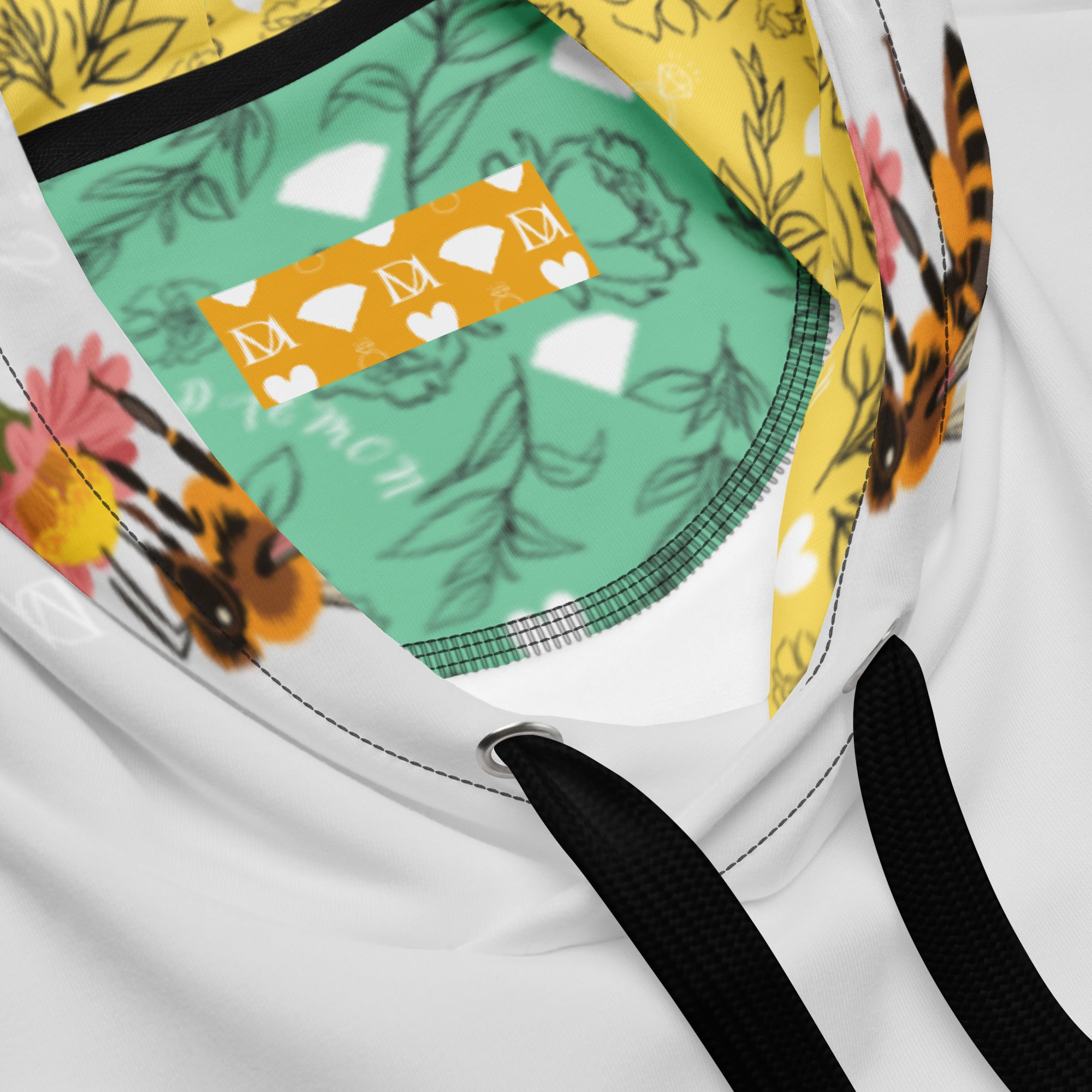 Unisex white Felpa Cappucio hoodie by Daemon Luxury with colorful Honeybee Shores sun-inspired all-over print.