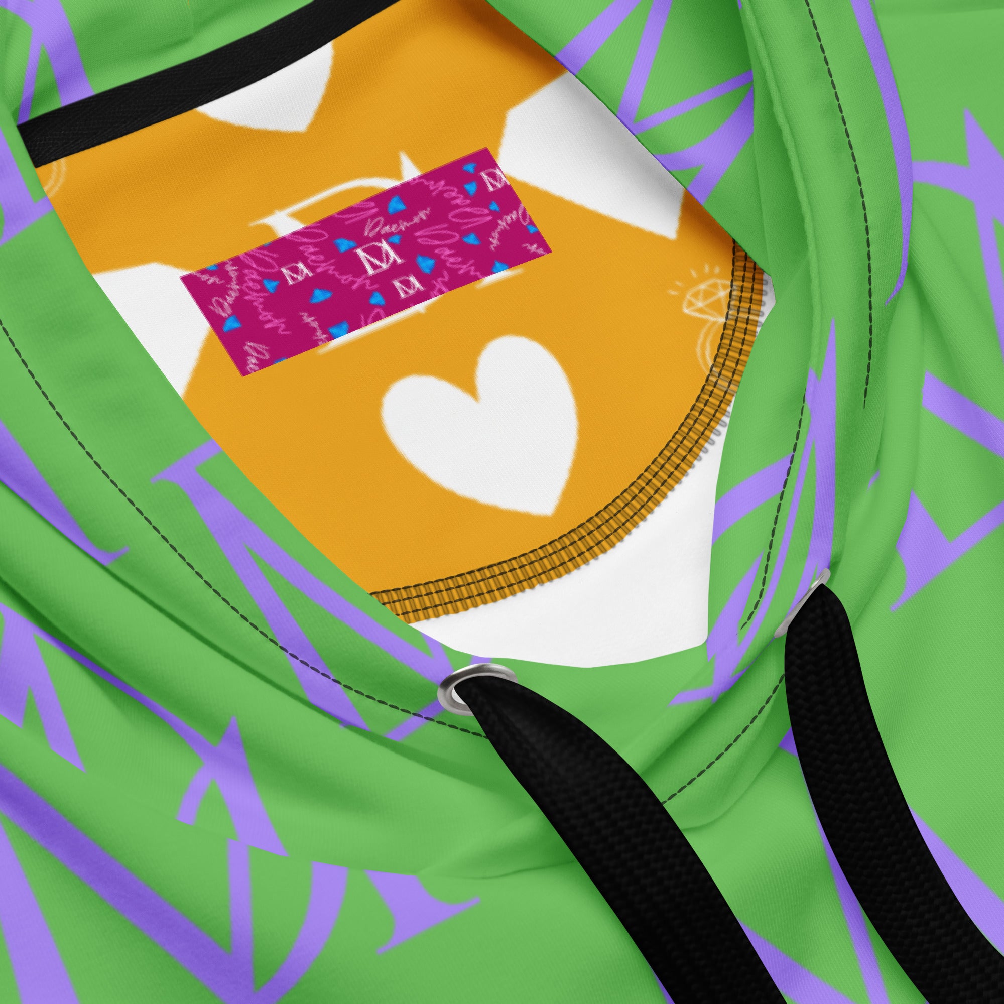 Unisex Lilac Lux Summer Breeze .1 Felpa hoodie with all-over recycled print by Daemon Luxury on white fabric.