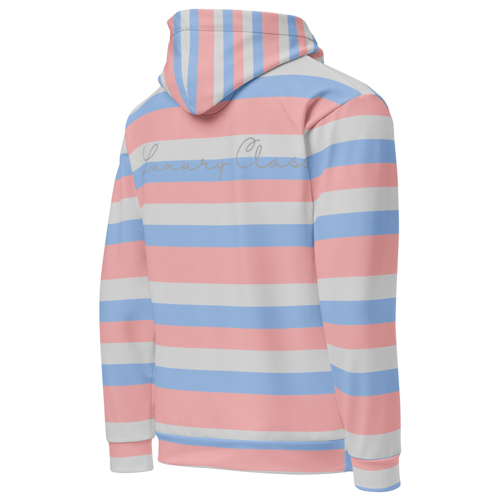 White Daemon Love Lines hoodie with all-over printed recycled fabric, unisex style, shown from the right back view.