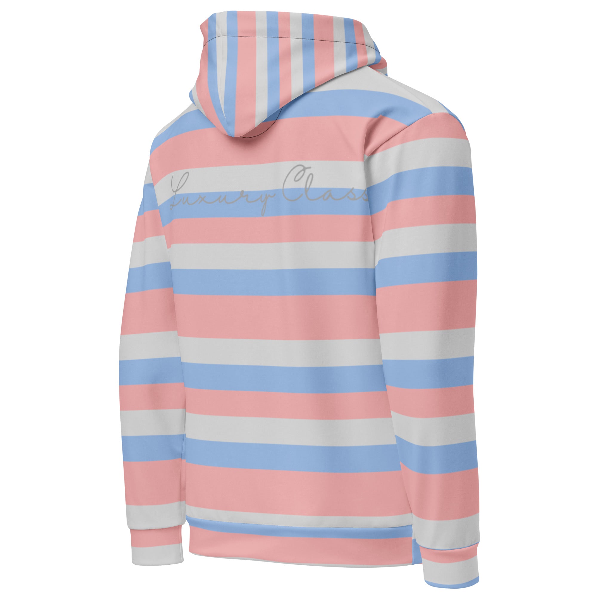 White Daemon Love Lines hoodie with all-over printed recycled fabric, unisex style, shown from the right back view.