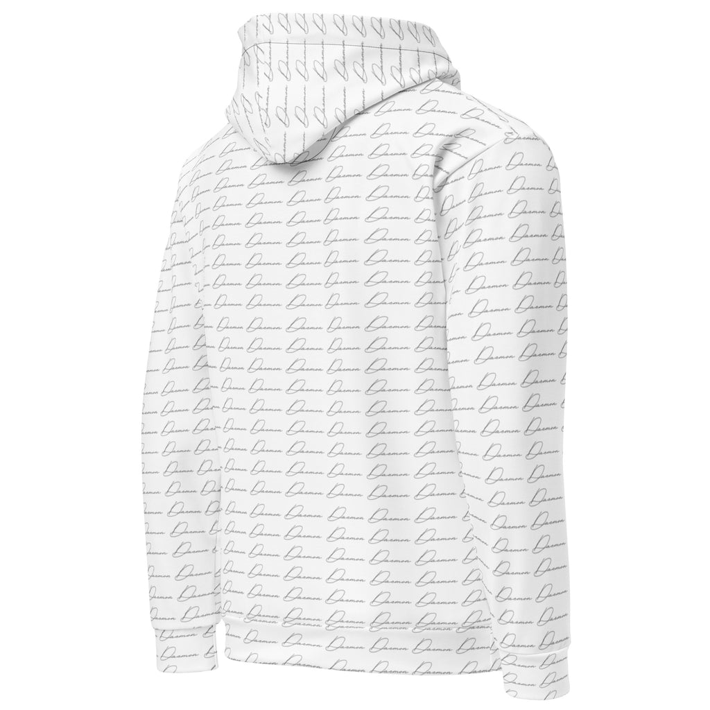 Unisex white hoodie with all-over cursive mirror print, featuring a hood and casual fit by Daemon.