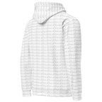 Unisex white hoodie with all-over cursive mirror print, featuring a hood and casual fit by Daemon.