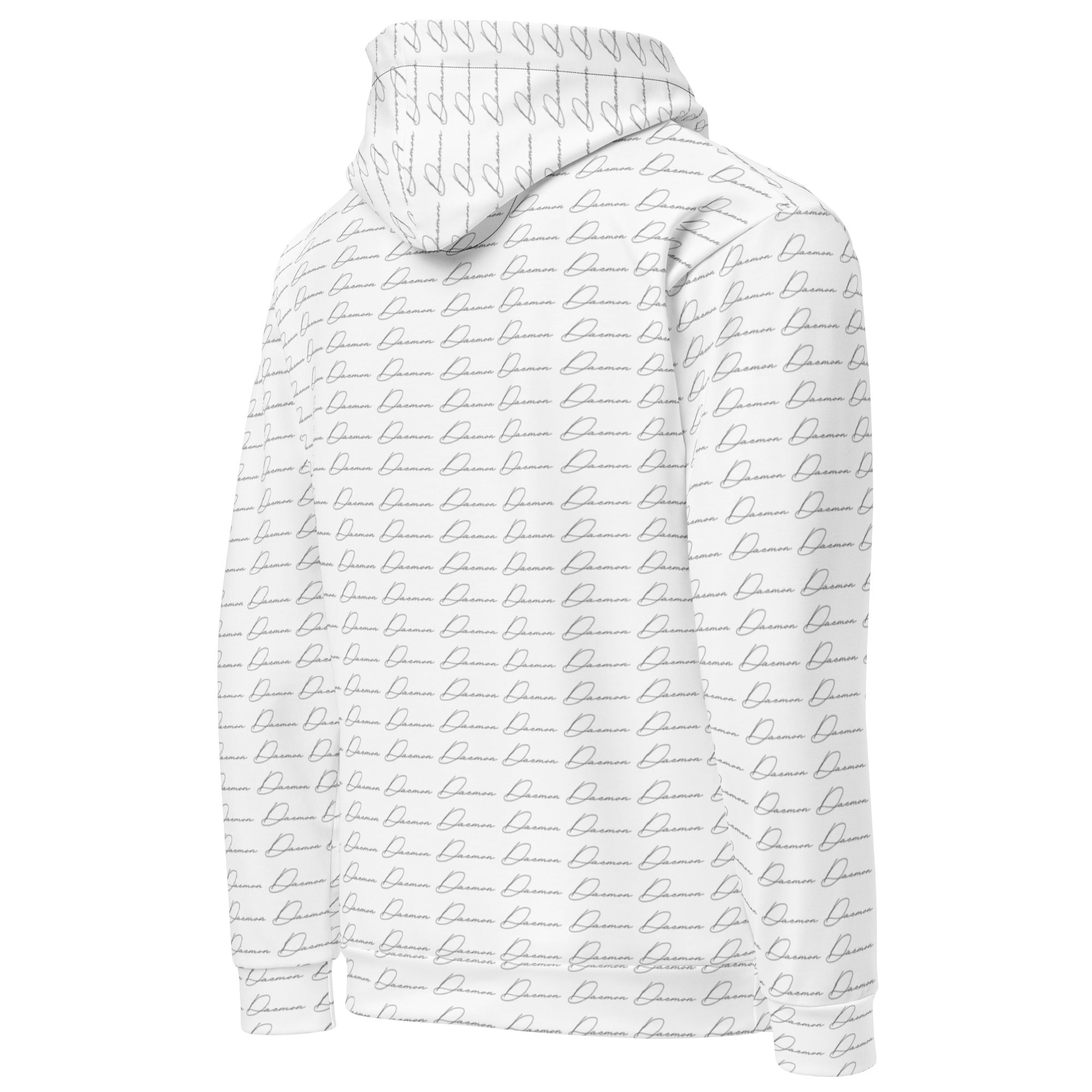 Unisex white hoodie with all-over cursive mirror print, featuring a hood and casual fit by Daemon.