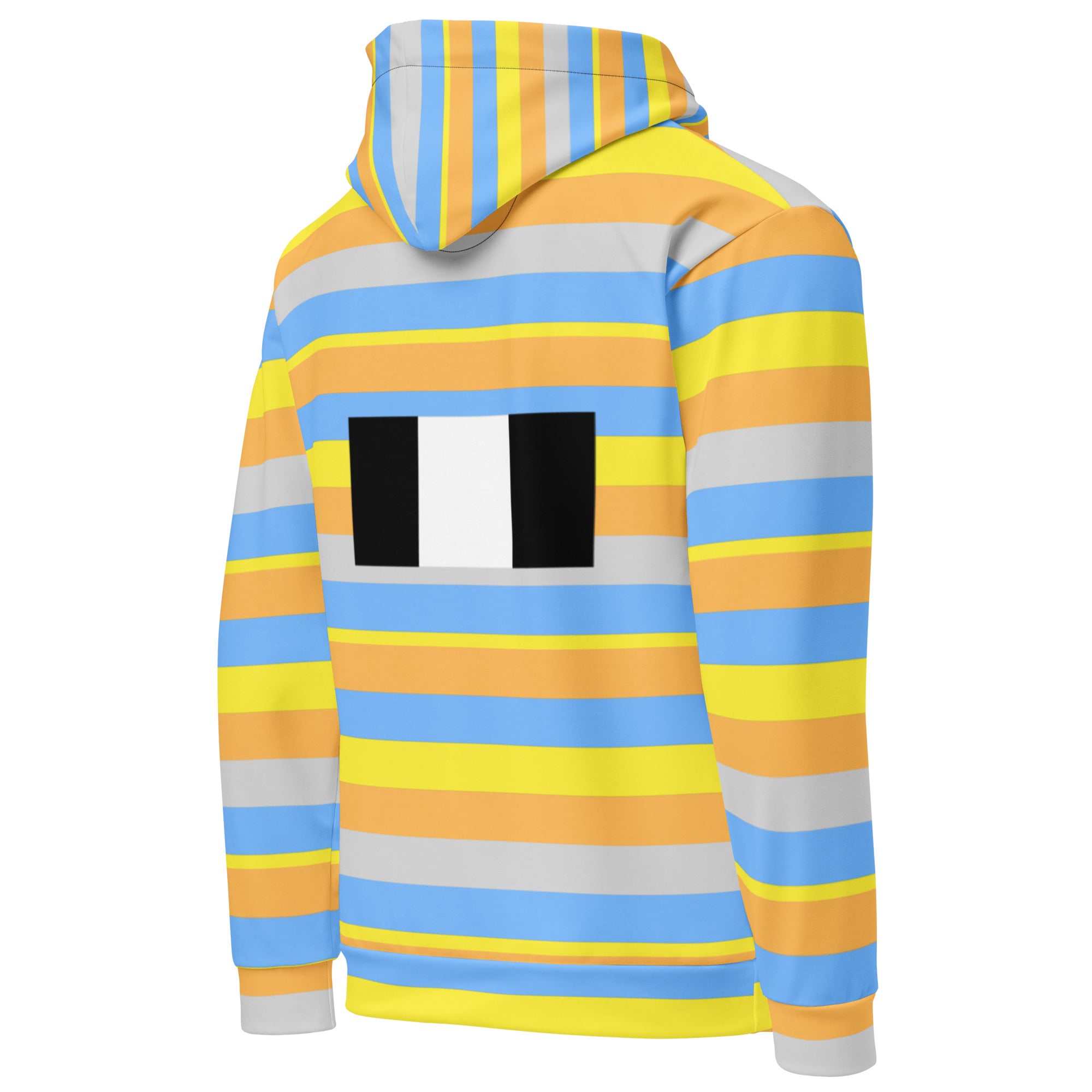 Daemon Pacific Fire Brighter Days unisex recycled hoodie with all-over print, white color, showing the right back view.