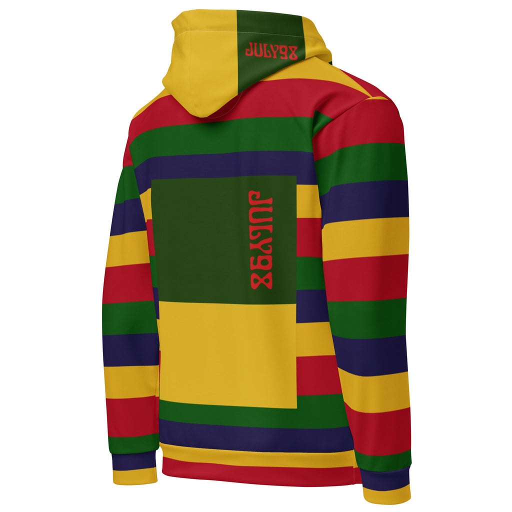 Daemon Laid Ruby Stones white unisex hoodie with all-over print, featuring vibrant ruby stone designs on the back.