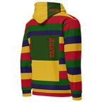Daemon Laid Ruby Stones white unisex hoodie with all-over print, featuring vibrant ruby stone designs on the back.