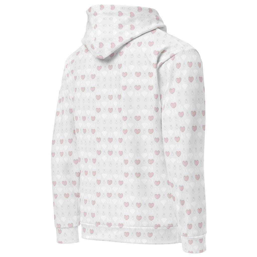 Recycled white unisex hooded sweatshirt with all-over frosted diamond print by Daemon, showing the right back view.