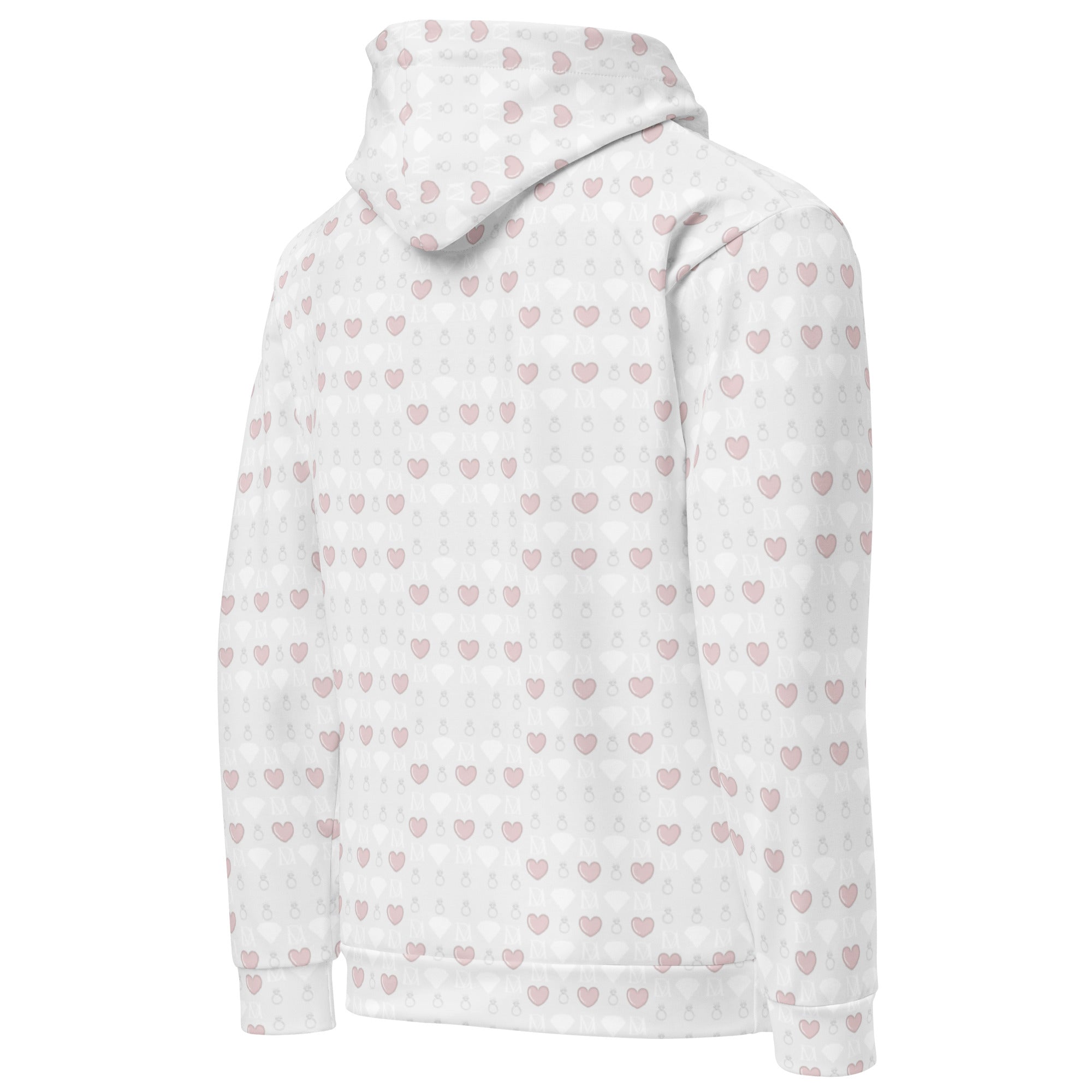 Recycled white unisex hooded sweatshirt with all-over frosted diamond print by Daemon, showing the right back view.