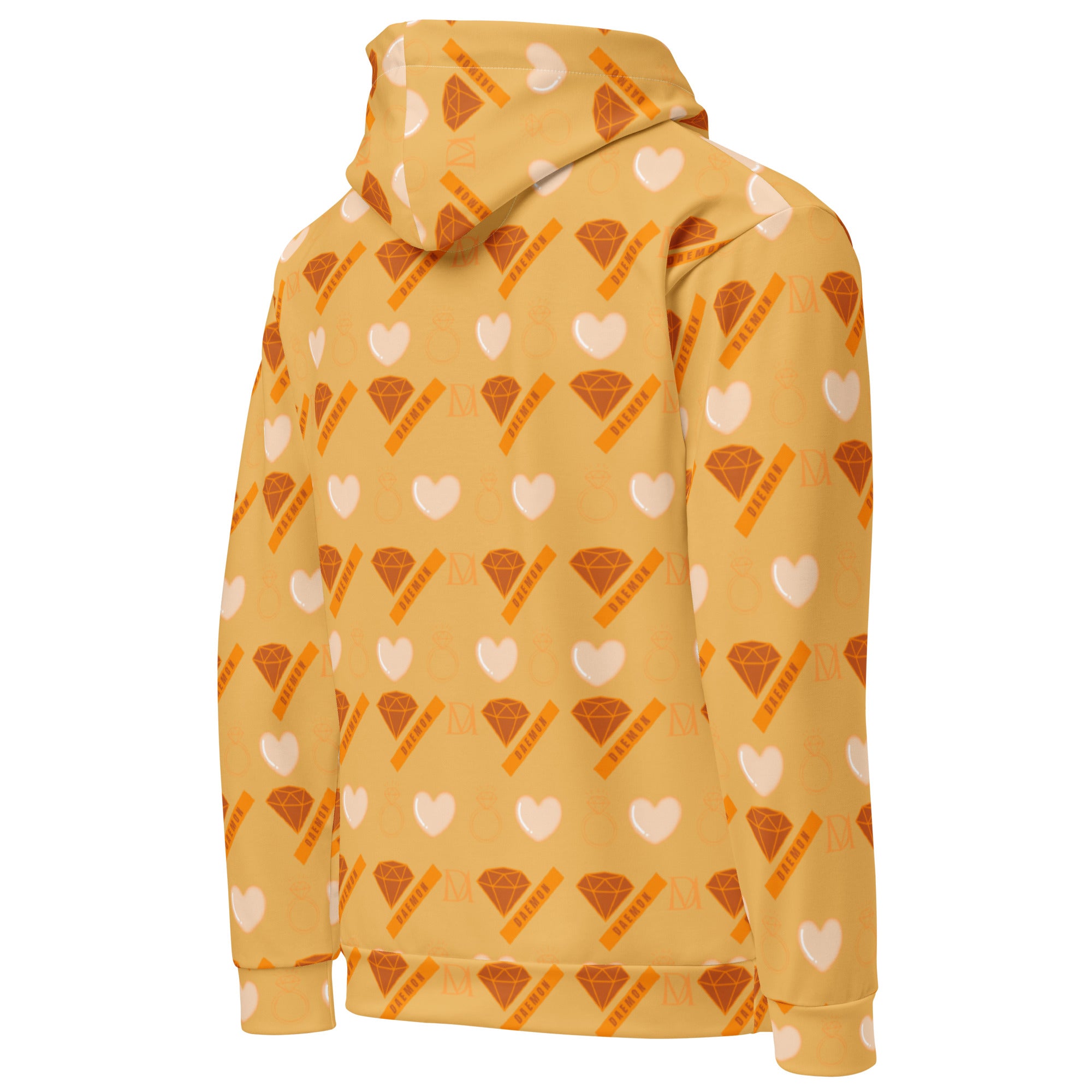Daemon Gloomy Runner Karamel Karu unisex hoodie with all-over print, recycled fabric, white color, right back view