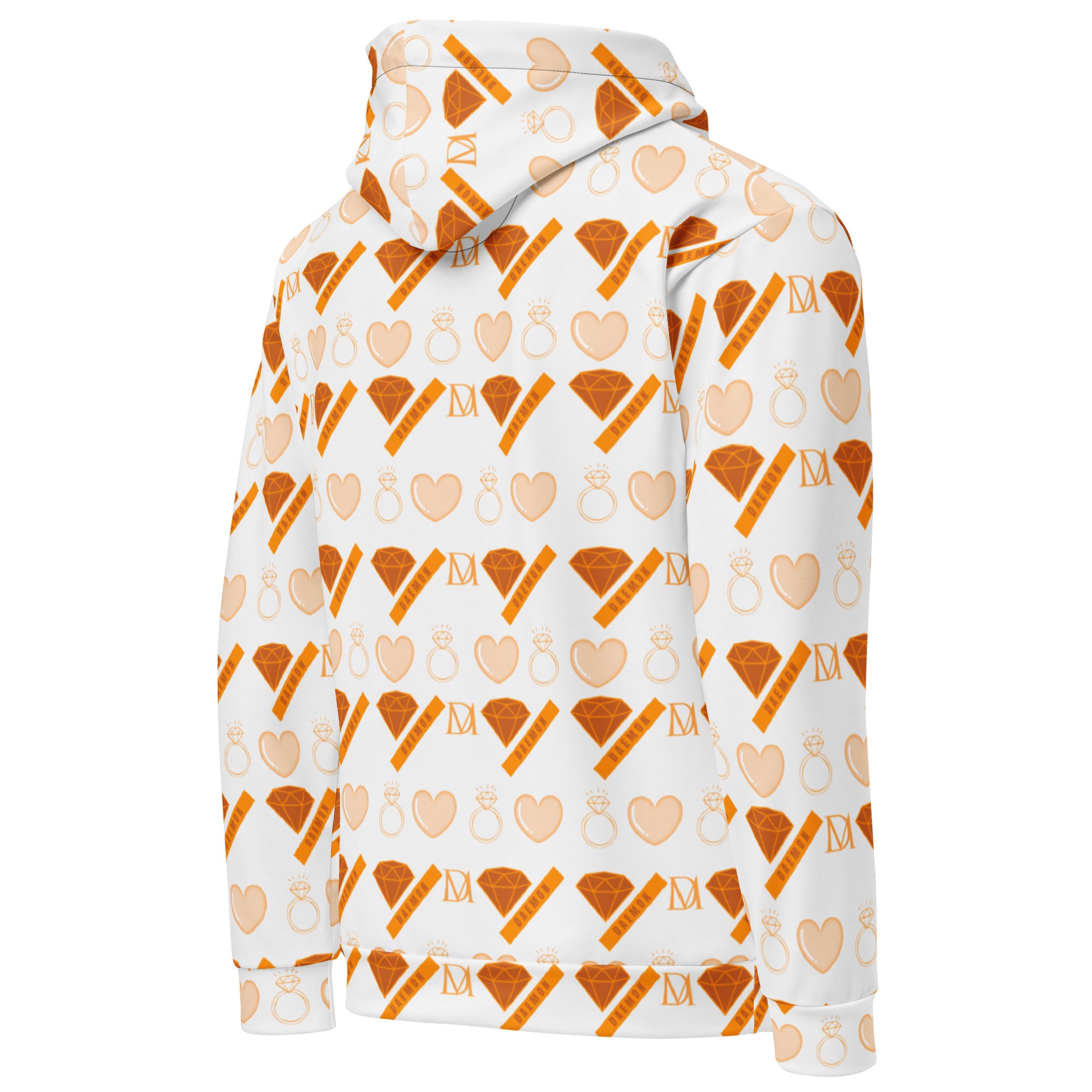 Daemon Gloomy Runner Lunar Mari all-over-print recycled unisex hoodie, white back view with detailed design.