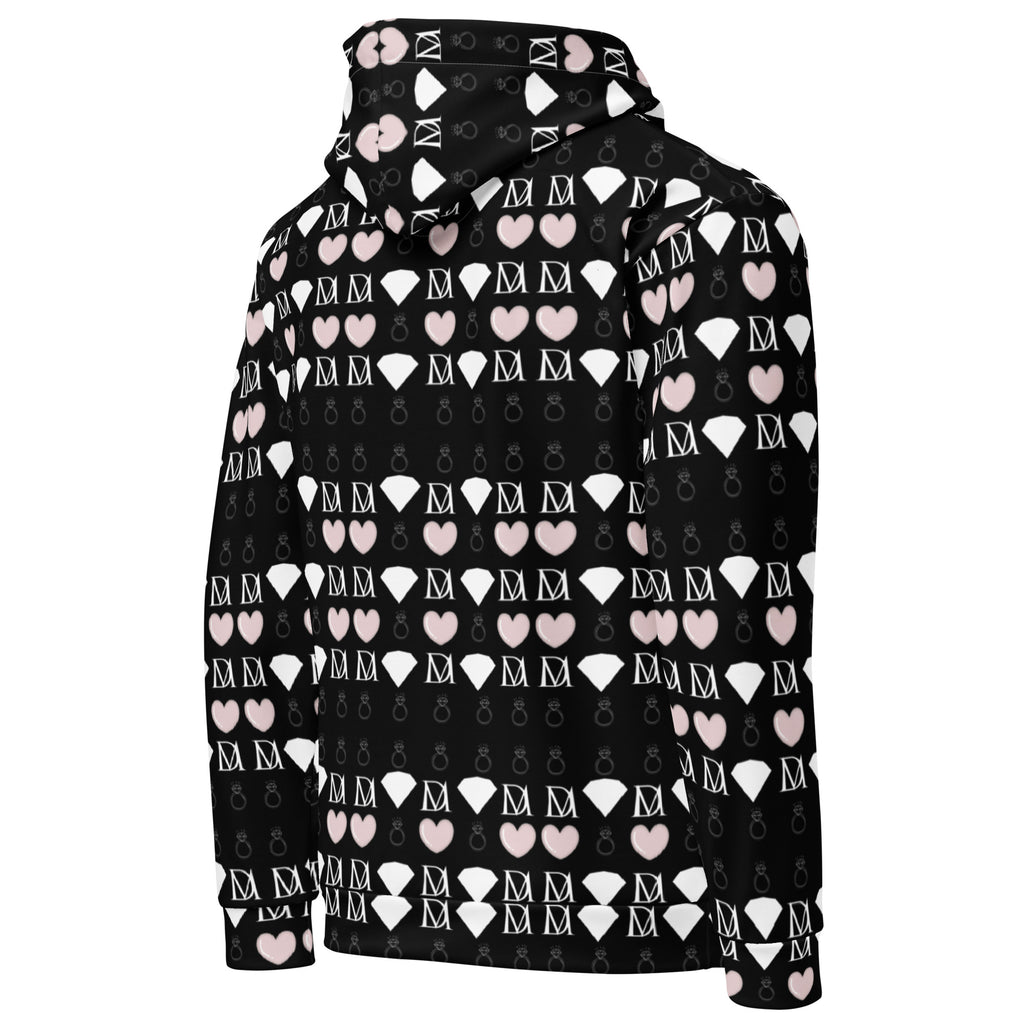 Unisex white hoodie with all-over frosted diamond love lock print by Daemon, featuring a front and back view.