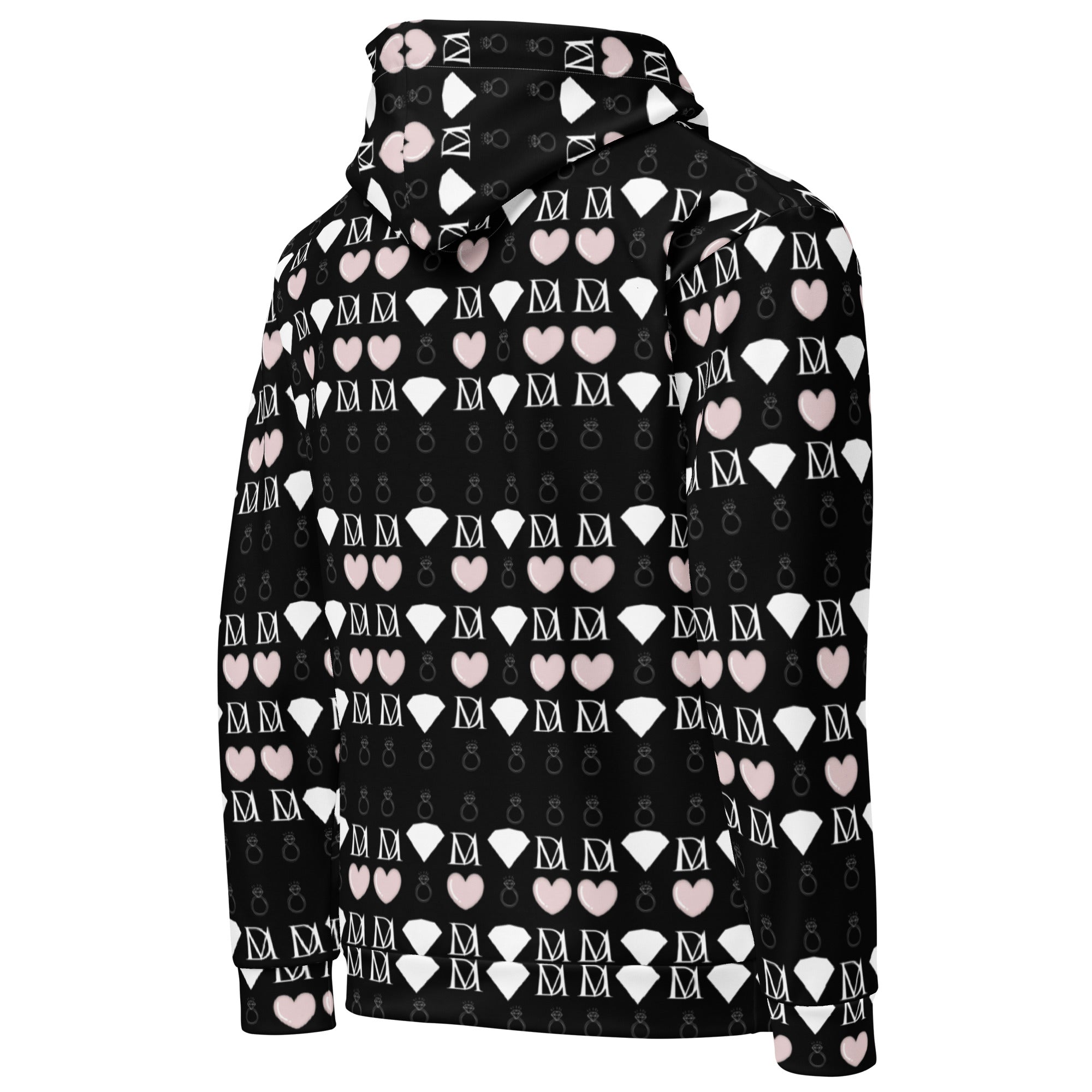 Unisex white hoodie with all-over frosted diamond love lock print by Daemon, featuring a front and back view.