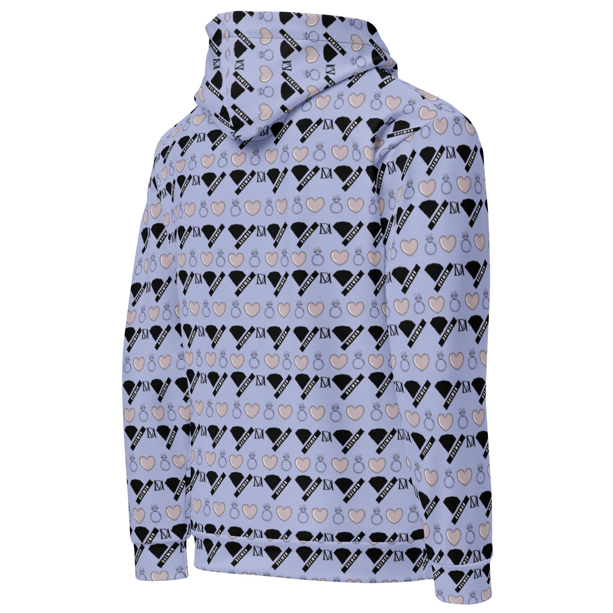 Daemon Gloomy Runners Lavished Valentino unisex hoodie with all-over white recycled print, showing the back design.