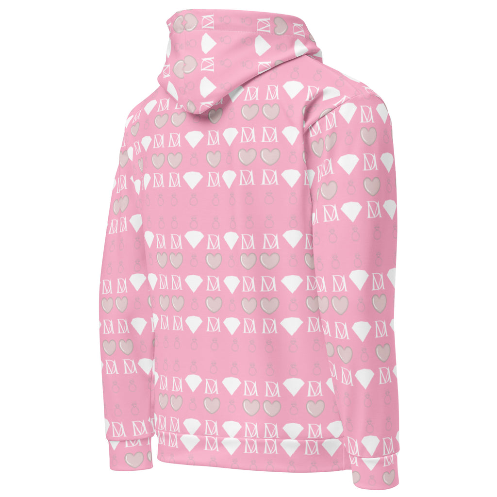 Unisex white hoodie with all-over print of frosted diamonds and cotton candy motifs by Daemon, featuring a hood and casual fit.