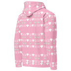 Unisex white hoodie with all-over print of frosted diamonds and cotton candy motifs by Daemon, featuring a hood and casual fit.