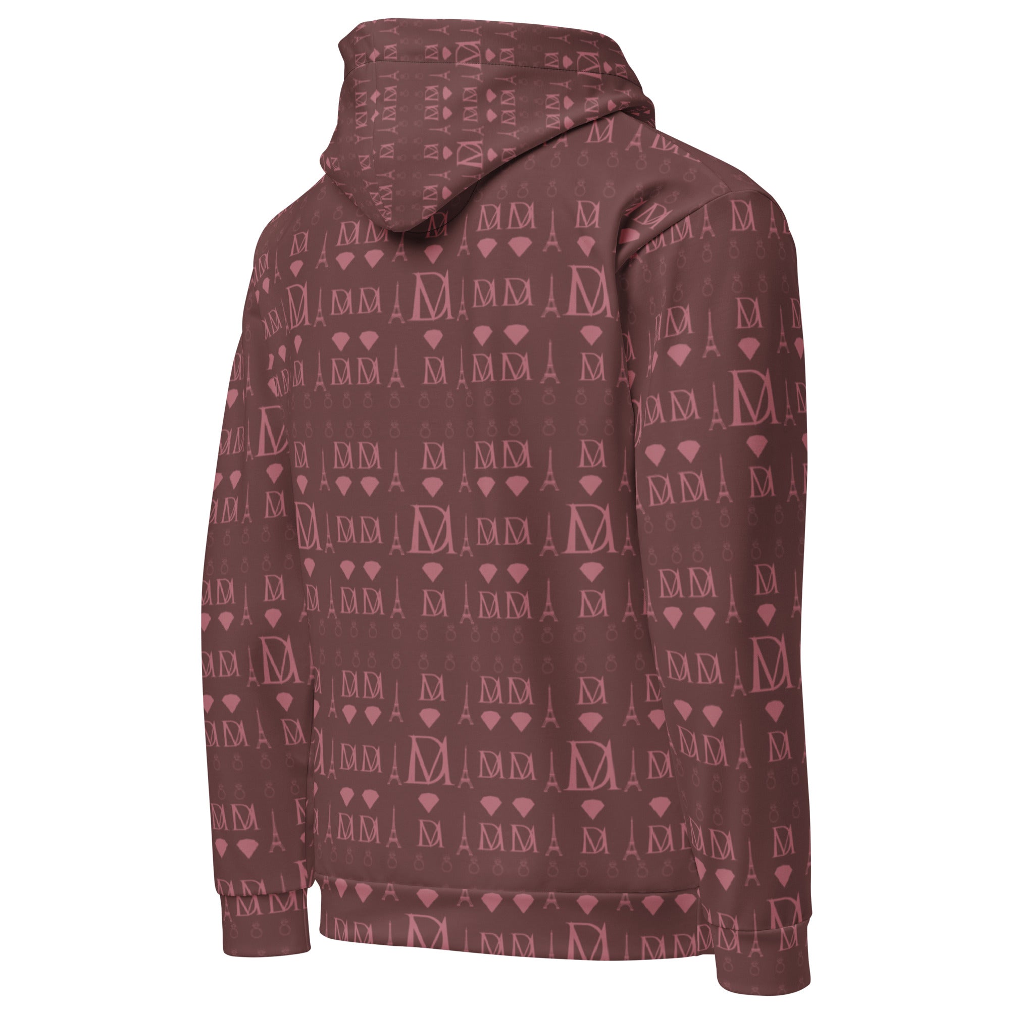 Daemon Dim Horizon unisex recycled hoodie with all-over white print, featuring a hood and relaxed fit.