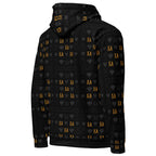 Recycled white unisex hoodie with all-over gold-tender frosted diamond pattern by Daemon, showing the right back view.