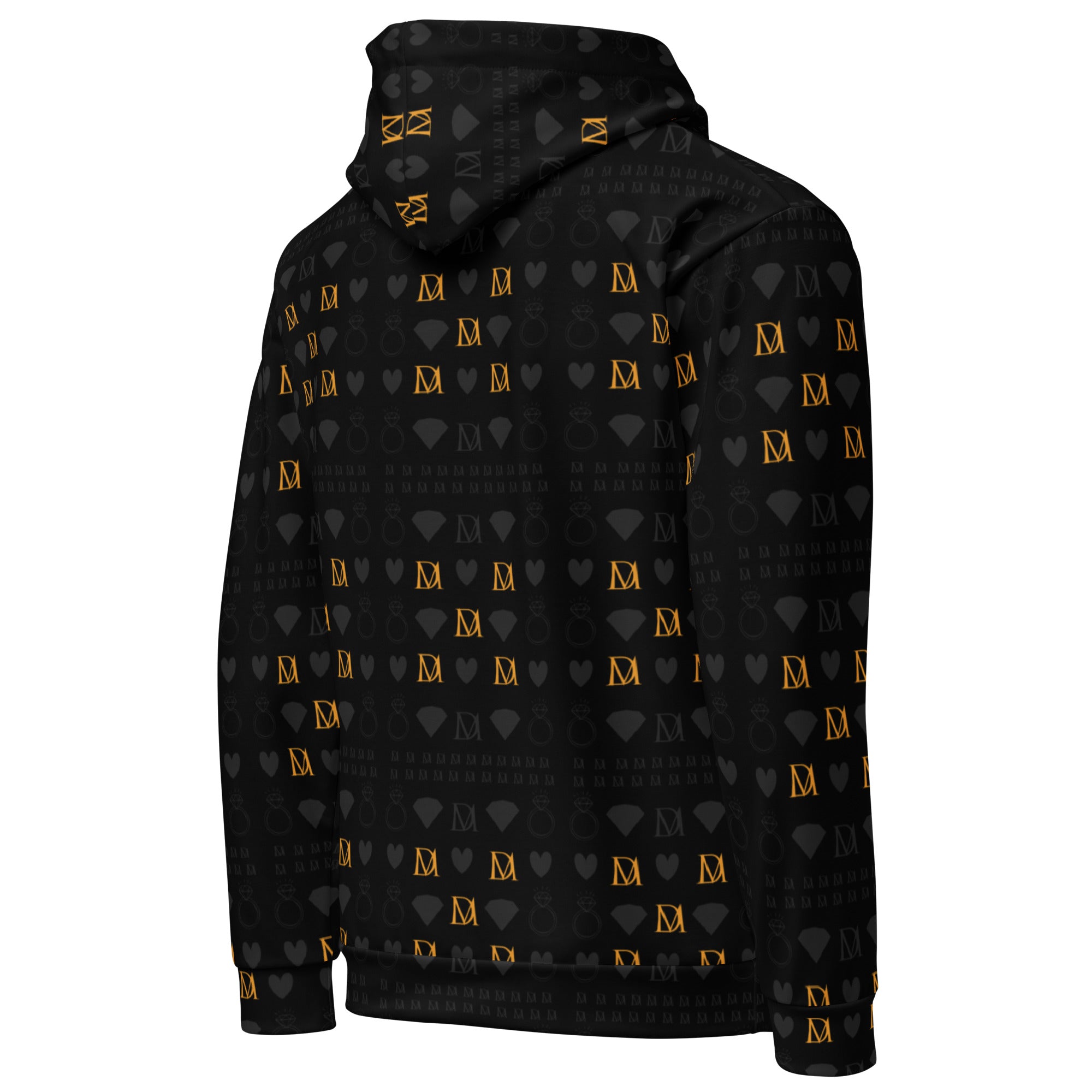 Recycled white unisex hoodie with all-over gold-tender frosted diamond pattern by Daemon, showing the right back view.